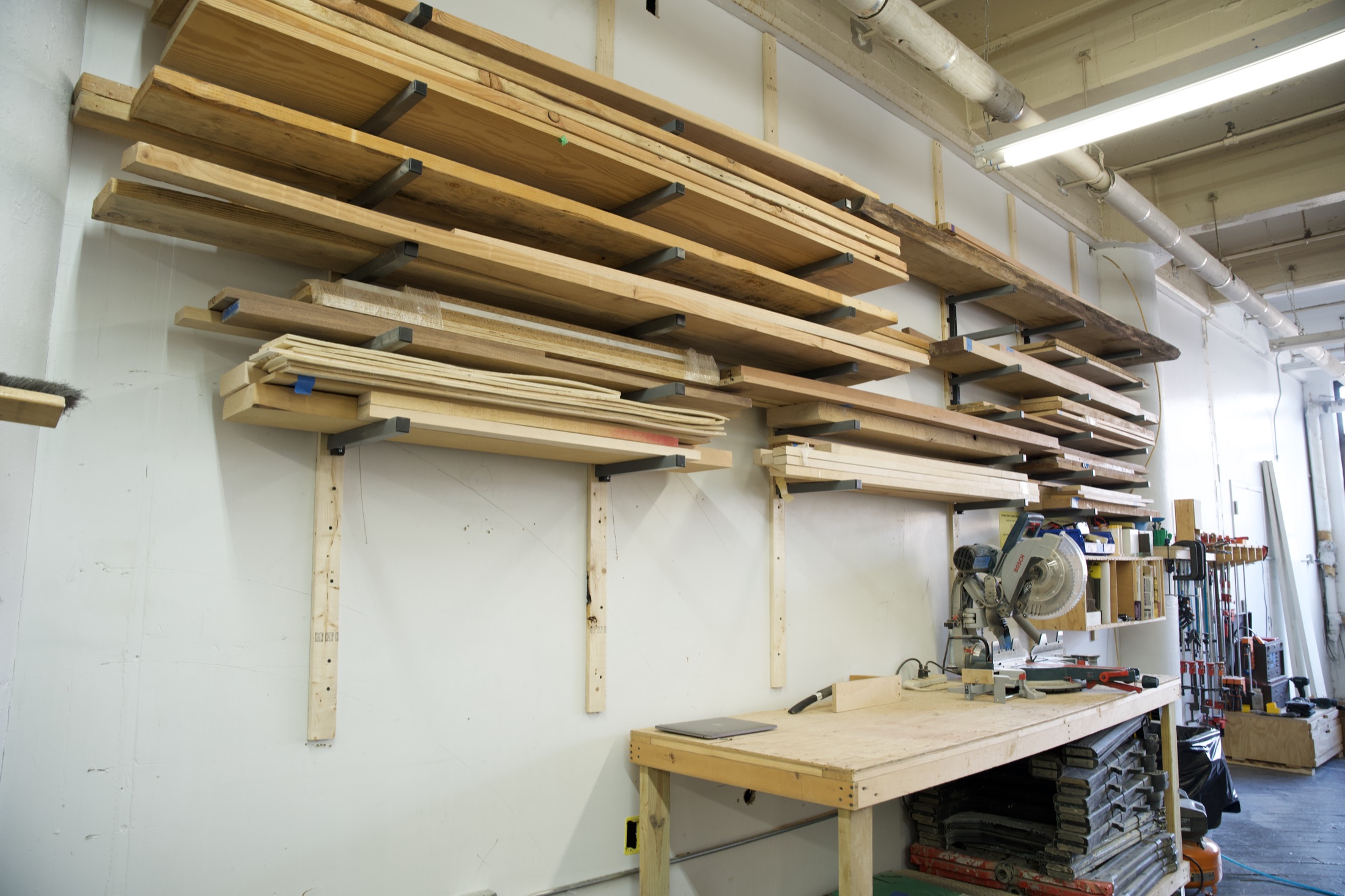 Lumber storage rack in the Brooklyn Industrial Arts wood shop
