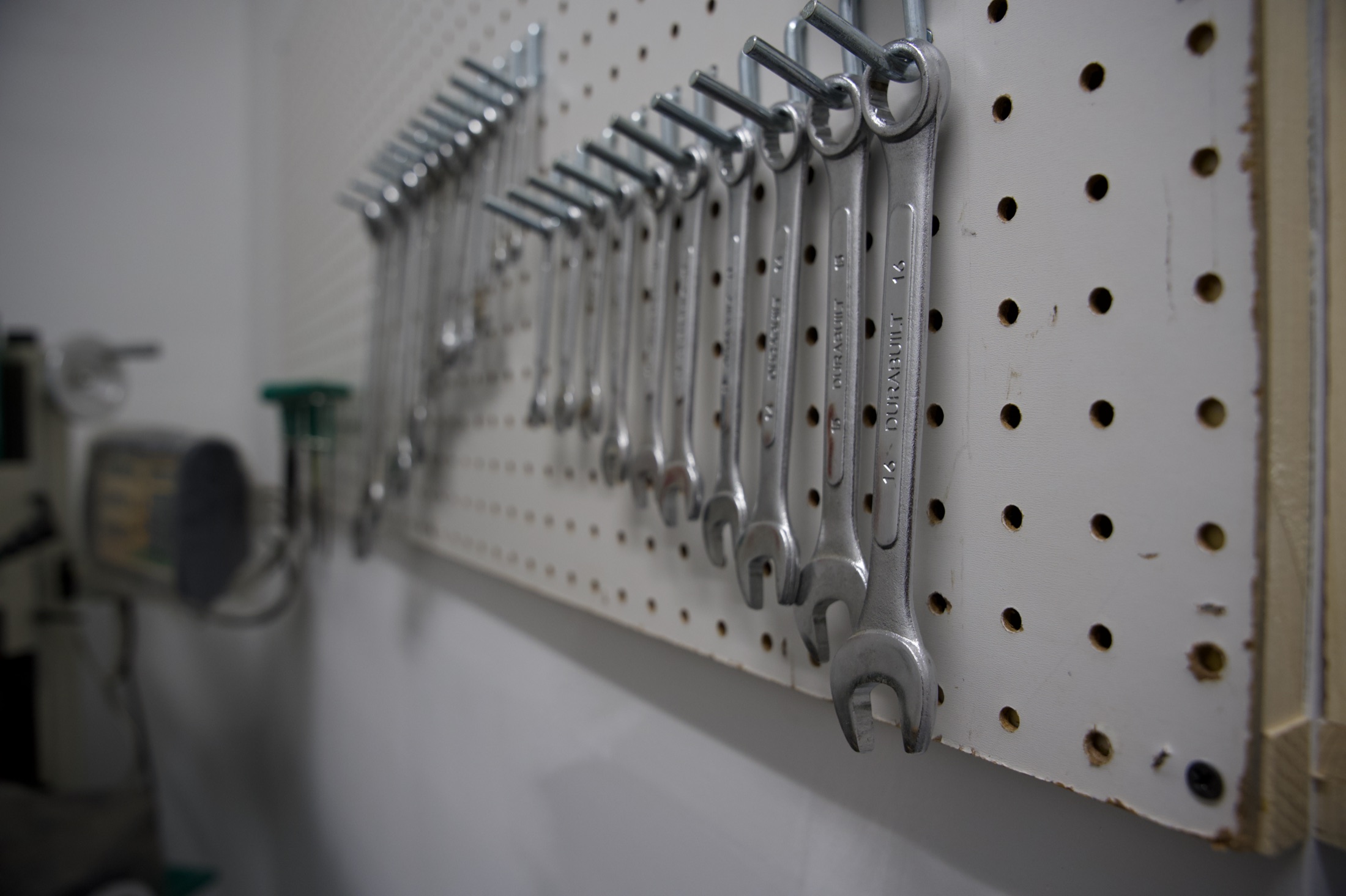 Wrench storage on a pegboard at Brooklyn Industrial Arts